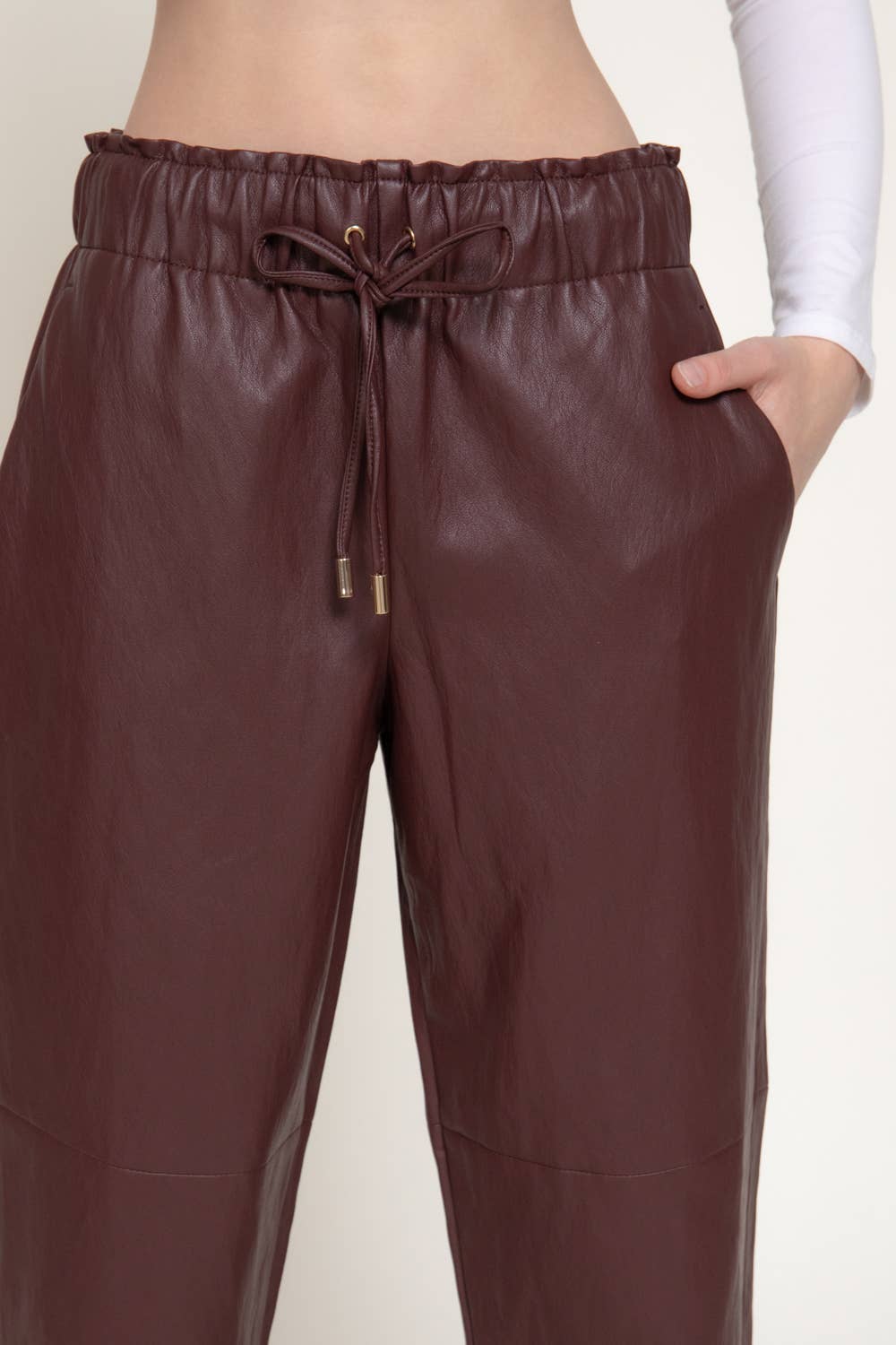 Elastic Waist with String Texture Faux Leather Pants