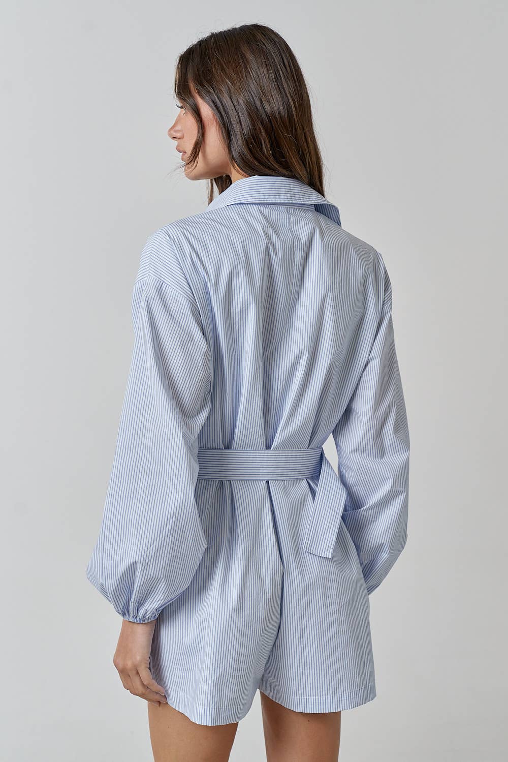 KELLY BELTED STRIPE BUTTON UP SHIRT ROMPER