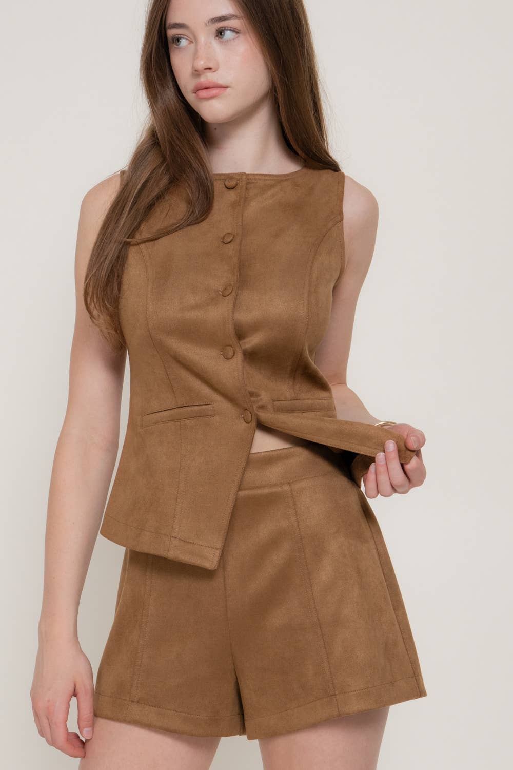 Faux Suede Boat Neck Button Down Vest & Short Pants Set