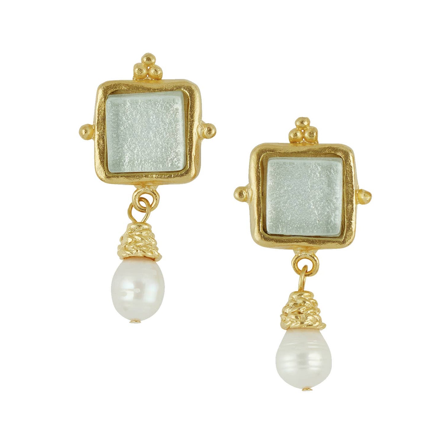 Gold/White Glass + Pearl Earrings