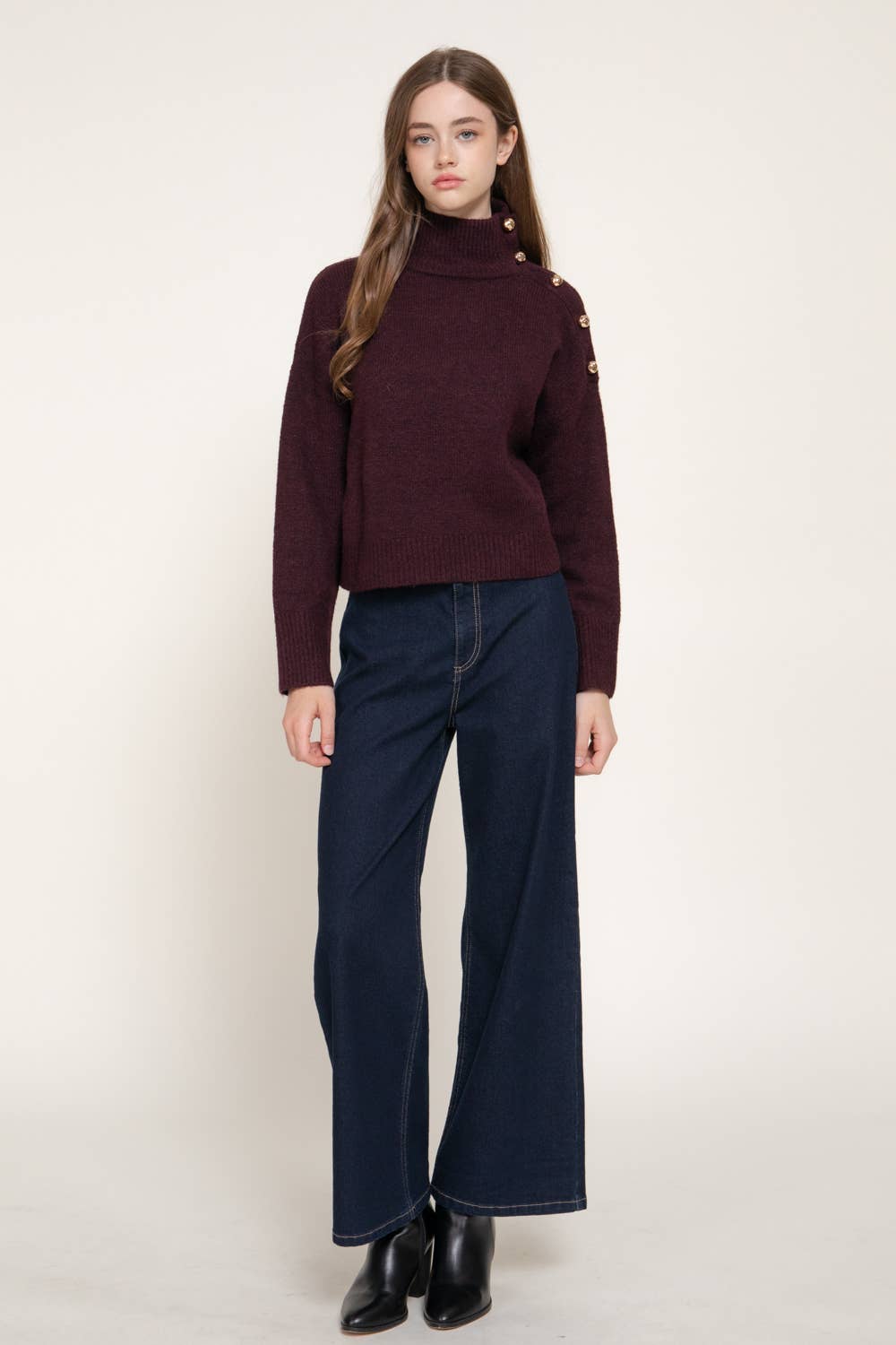 Long Sleeve High Neck metal Embellishment Button Detail Swea