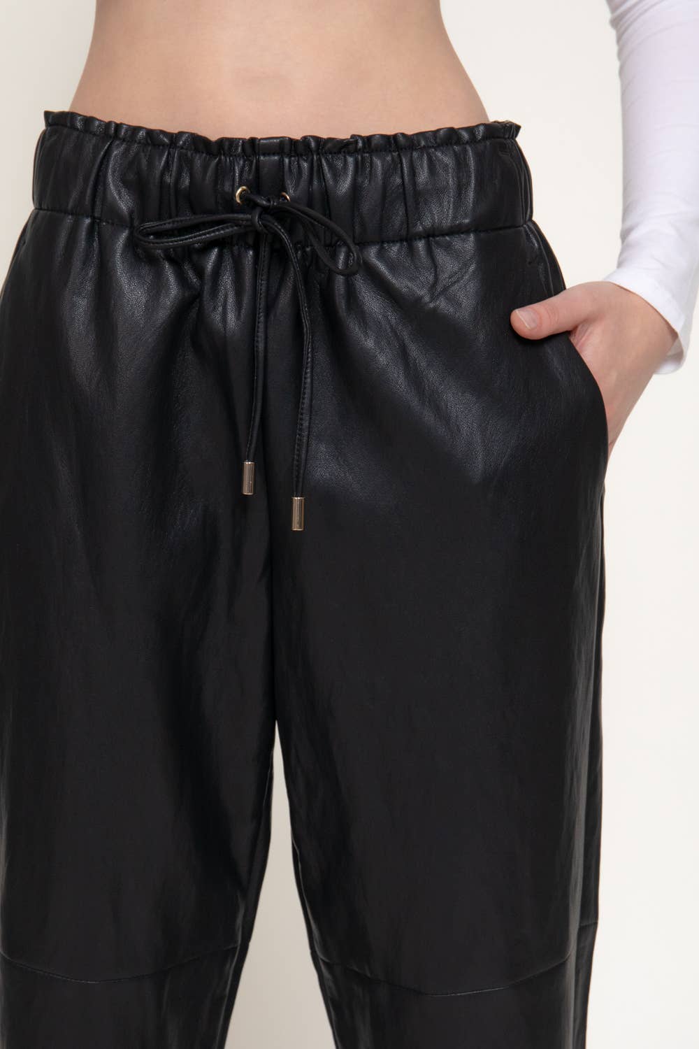 Elastic Waist with String Texture Faux Leather Pants