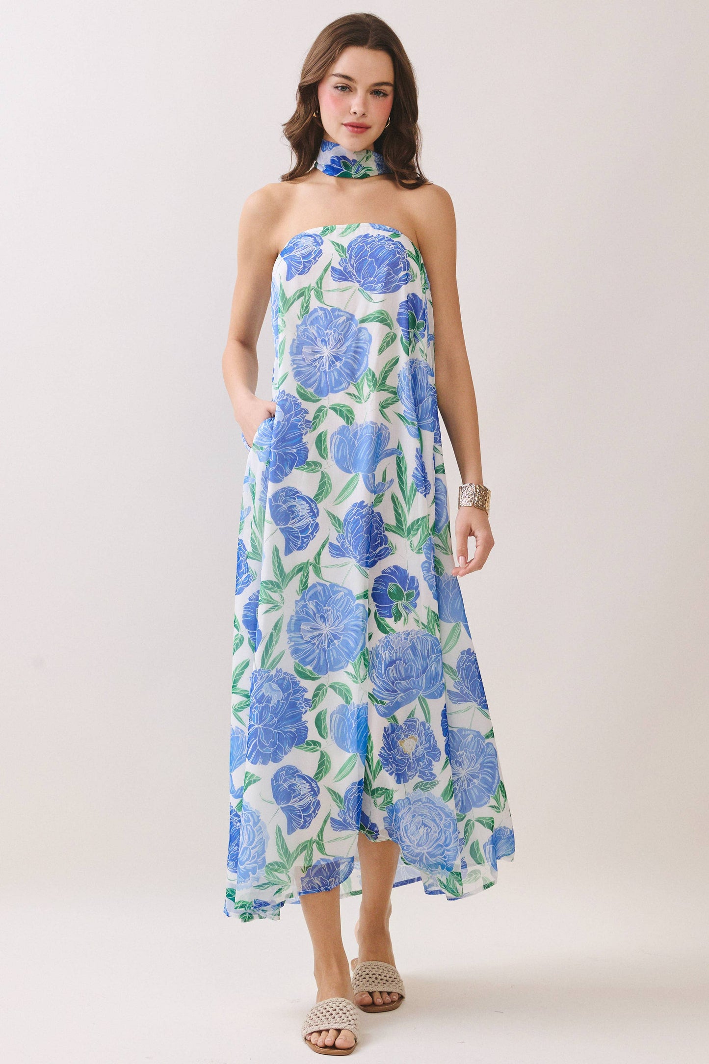 Lucia Strapless Floral Maxi Dress with Convertible Scarf