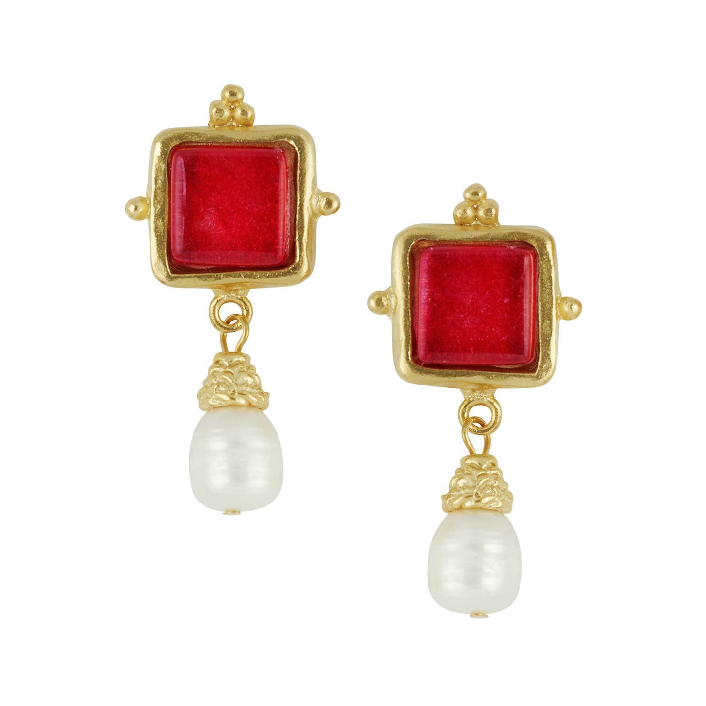 Gold/Red Glass + Pearl Earrings