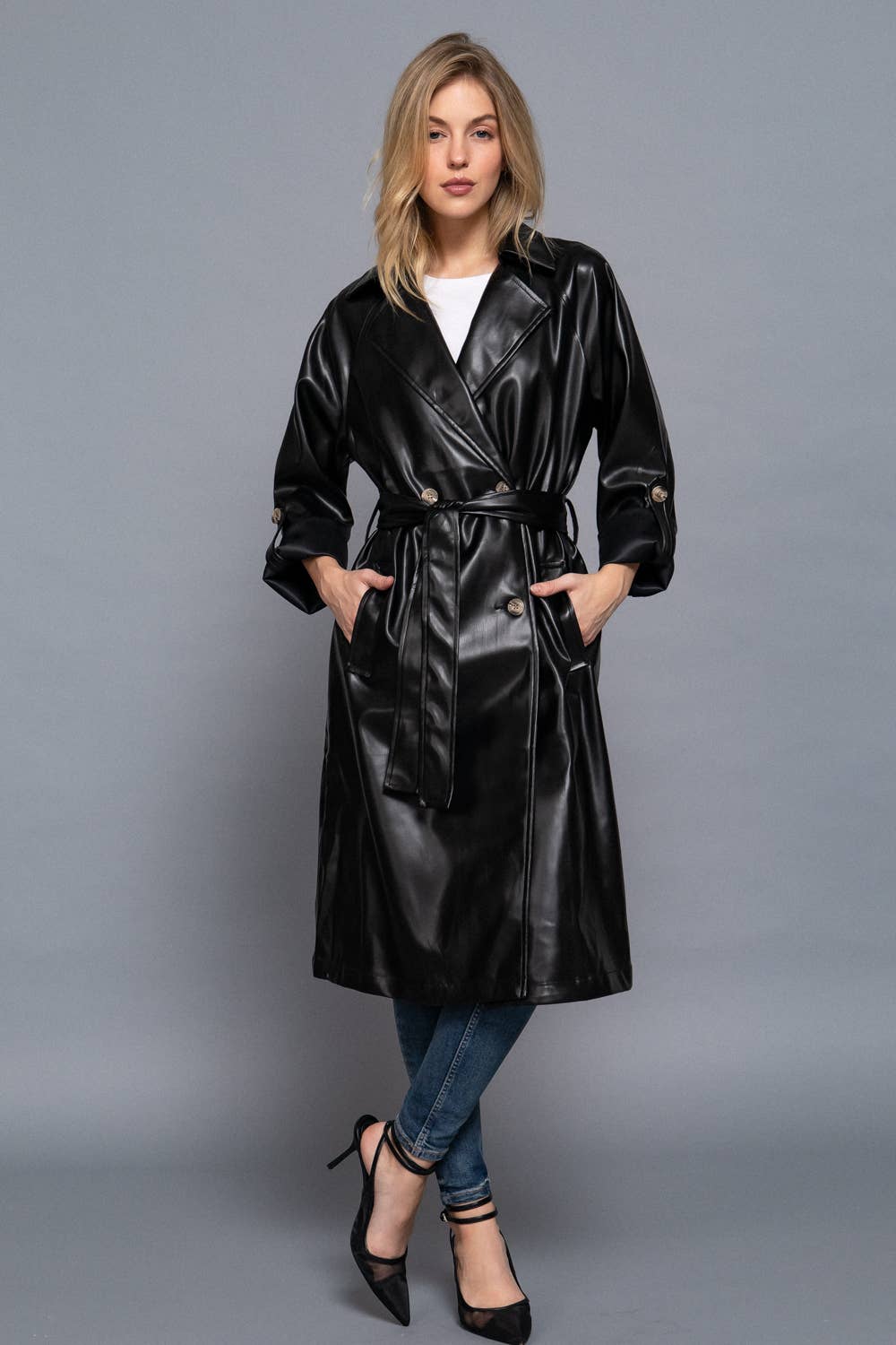 Double Breasted Button Faux Leather Trench Coat