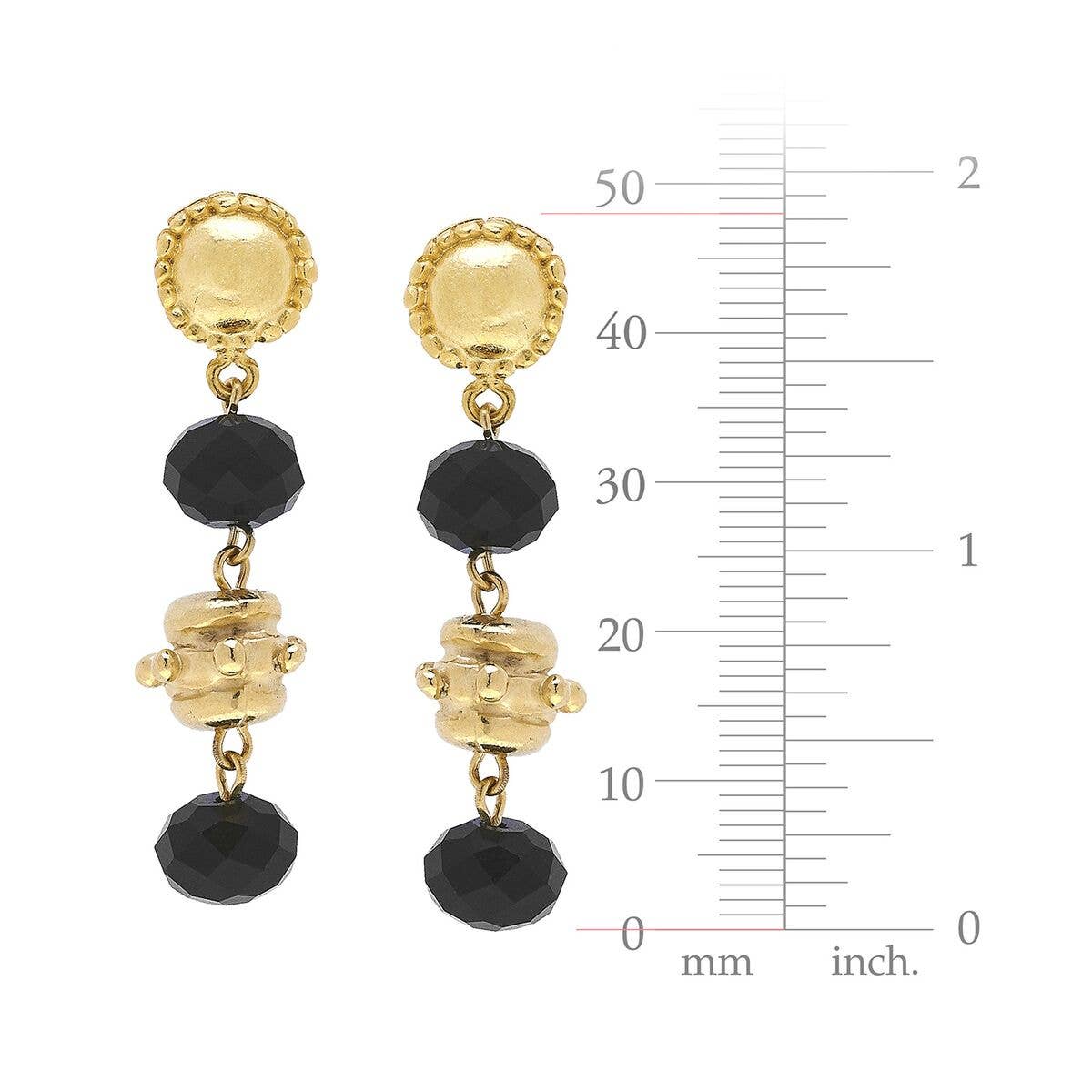 Gold Bead and Black Crystal Earrings