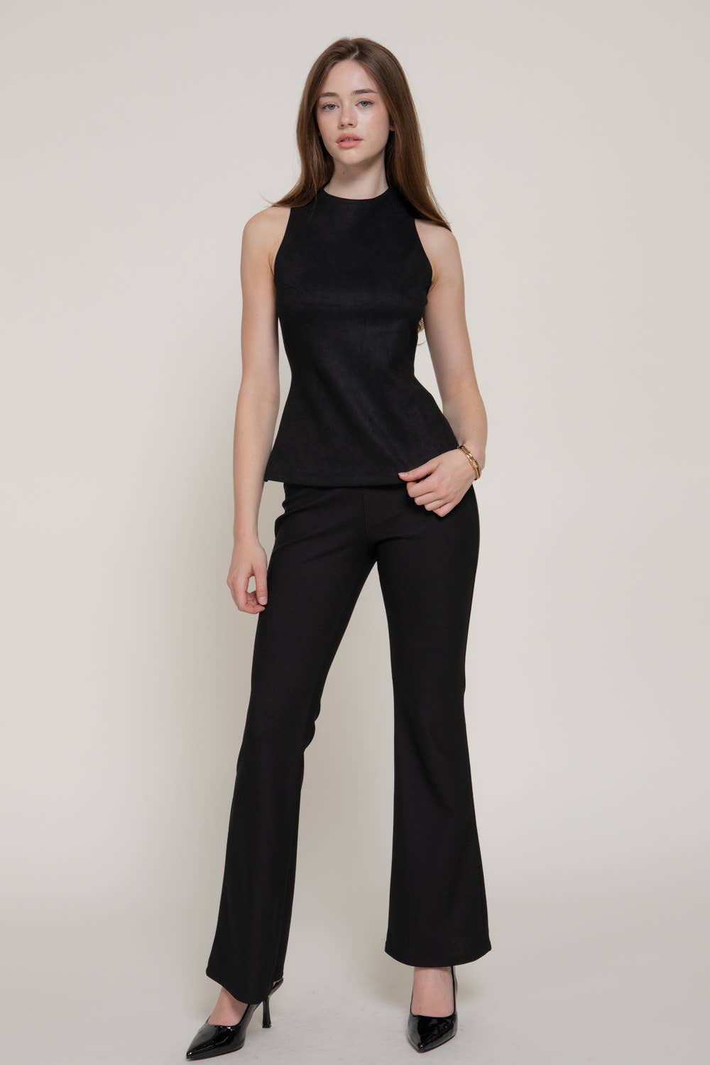 Sleeveless High Collar Neck Seam Detail Faux Suede Top