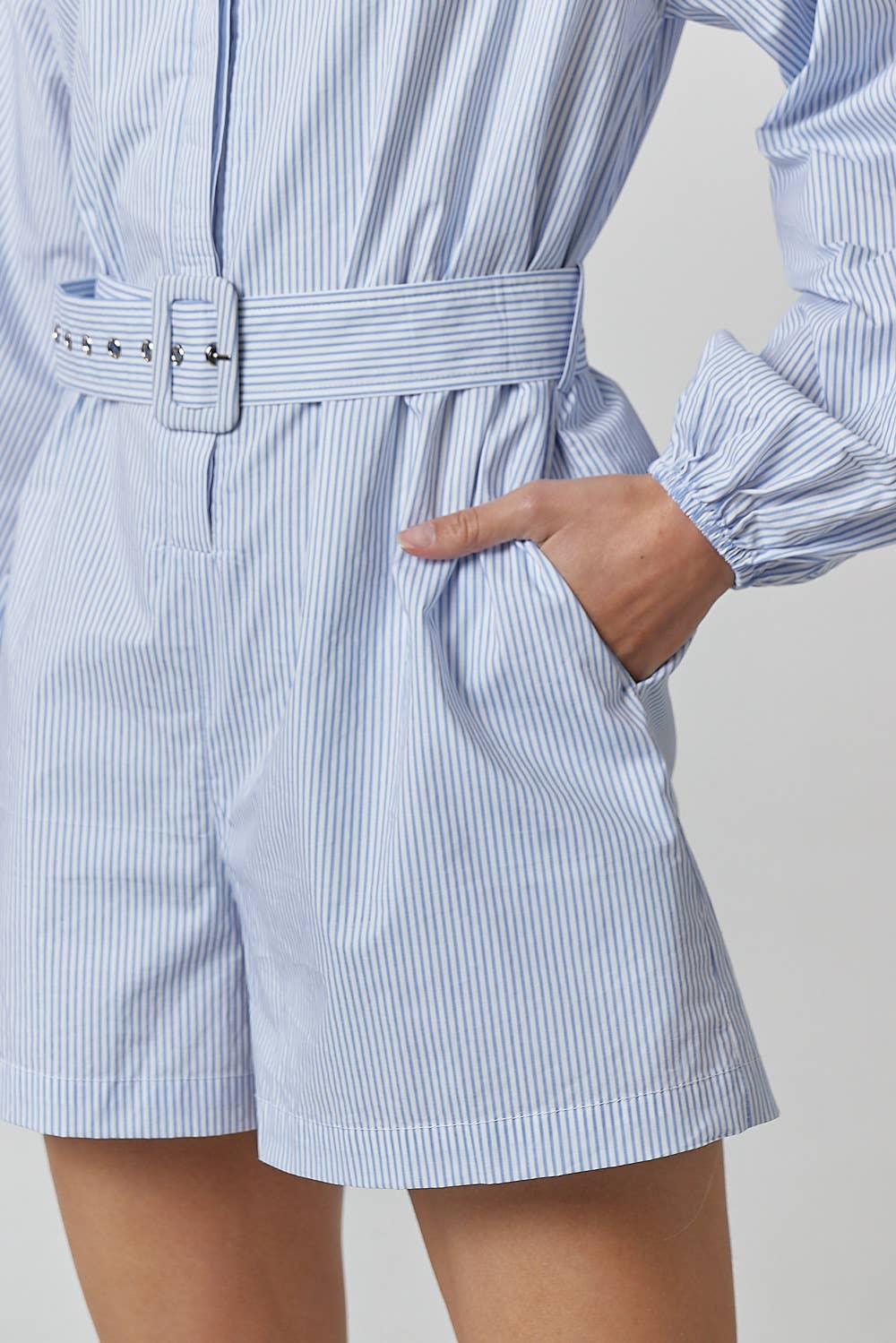 KELLY BELTED STRIPE BUTTON UP SHIRT ROMPER