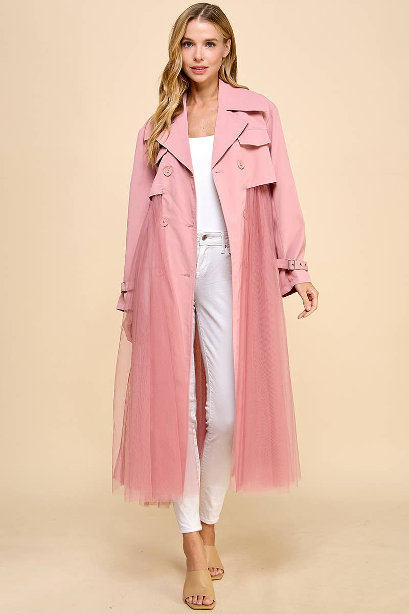 CJ6594-Double Breasted Mesh Bodice Classic Trench Coat: CREAM / M