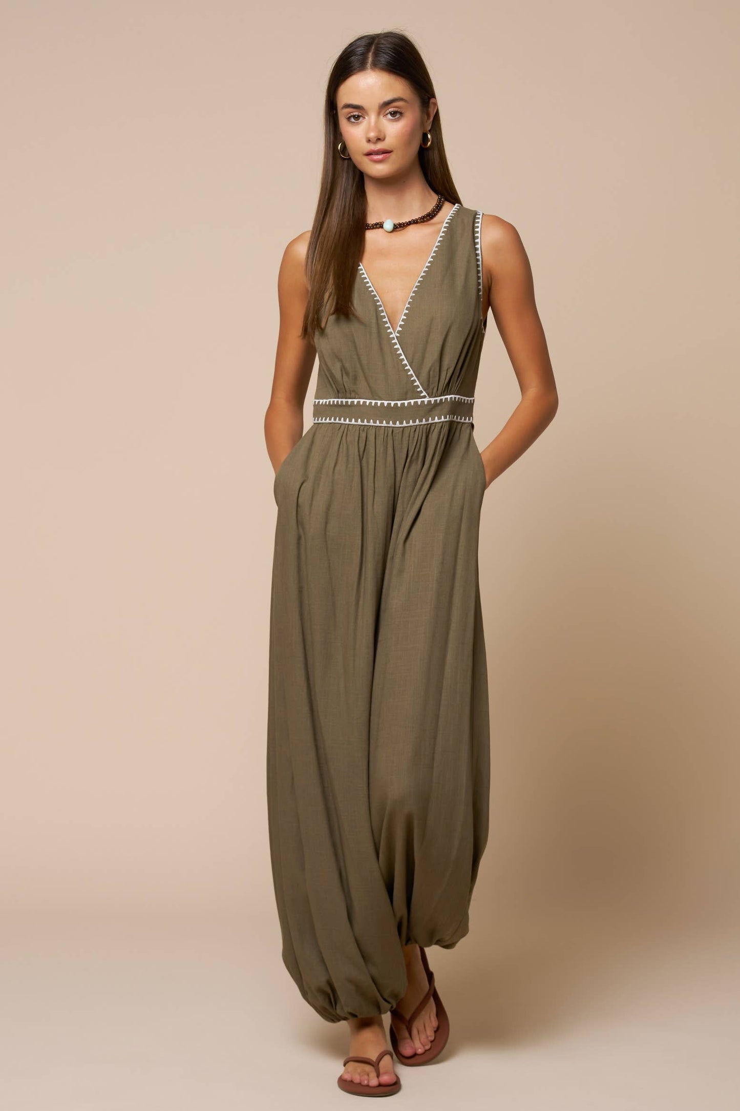 Summer Surplice Contrast Stitch Romper