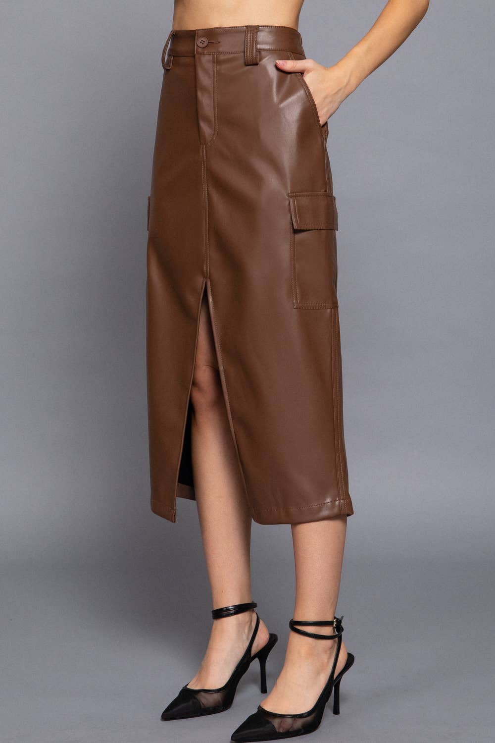 Michelle Faux Leather Midi Cargo Skirt