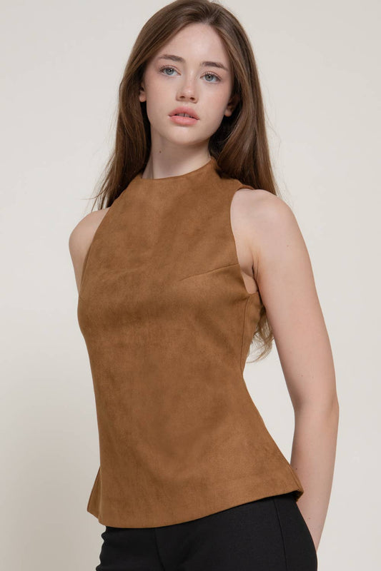 Sleeveless High Collar Neck Seam Detail Faux Suede Top