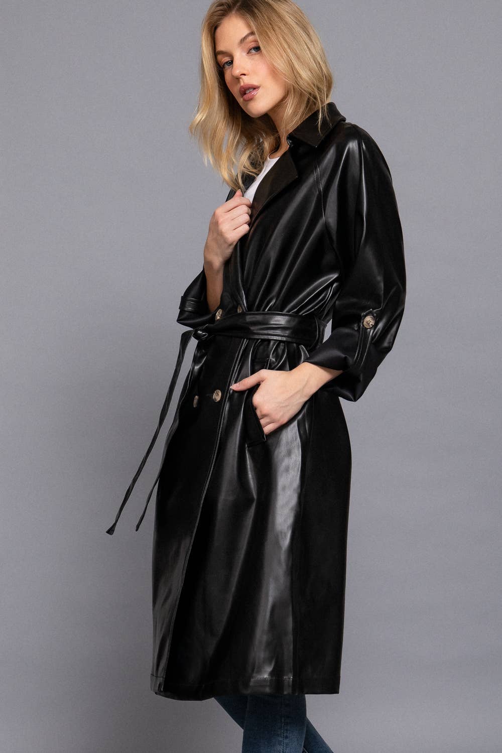 Double Breasted Button Faux Leather Trench Coat