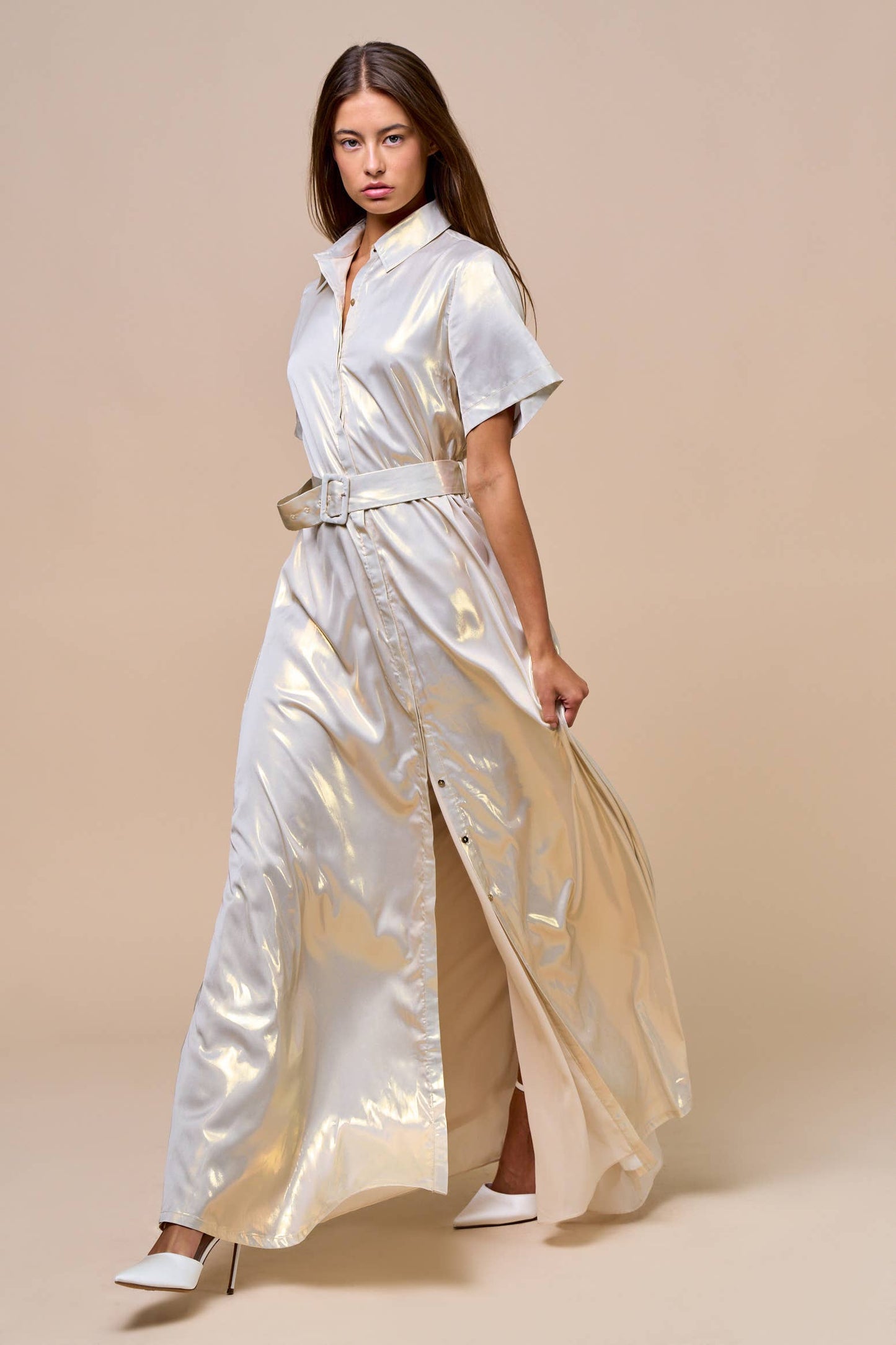 Collared Button-Down Maxi Dress with Belt