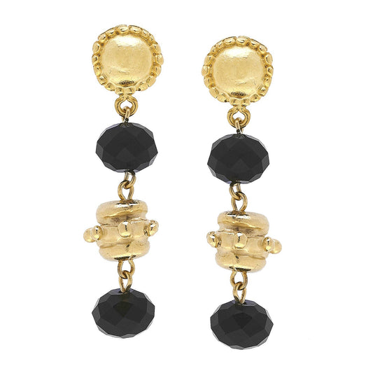 Gold Bead and Black Crystal Earrings