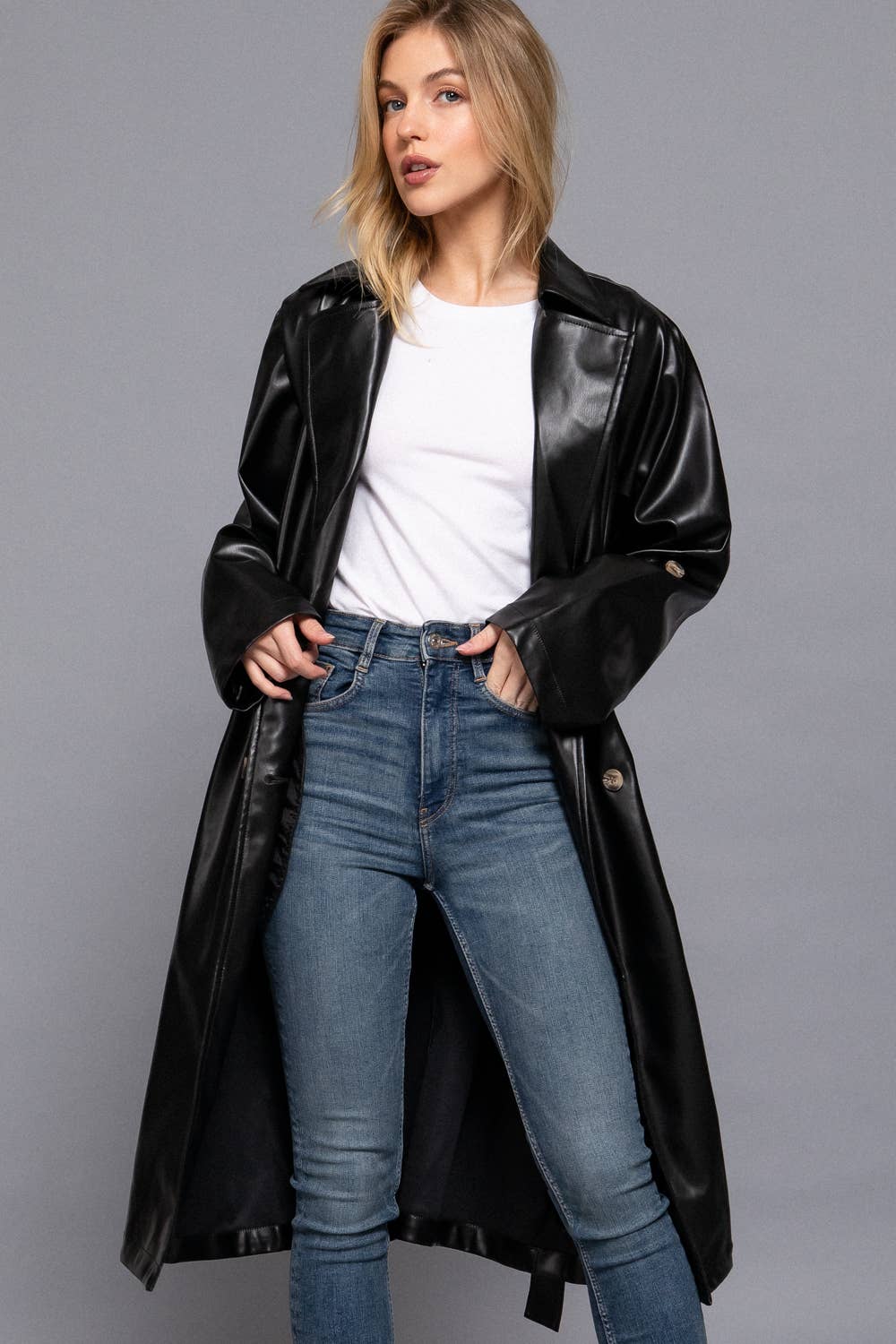 Double Breasted Button Faux Leather Trench Coat