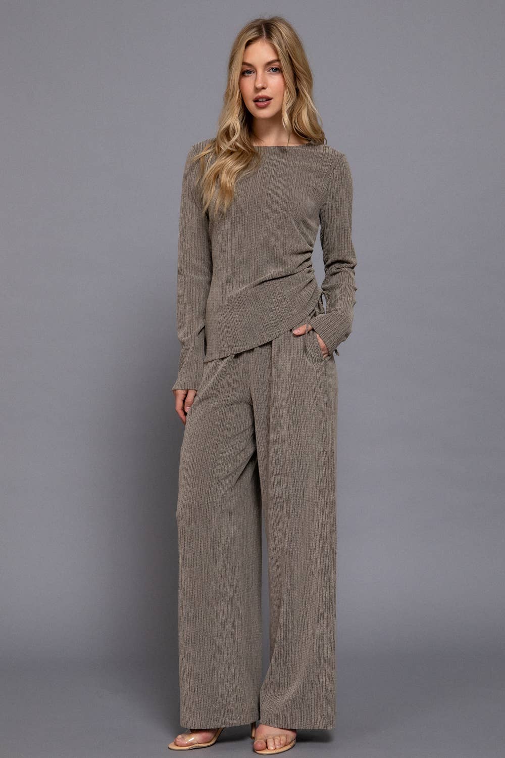 Reba Two-Tone Texture Knit Long Pants