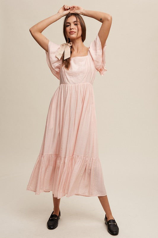 Square Neck Ruffled Short Sleeve Maxi Dress