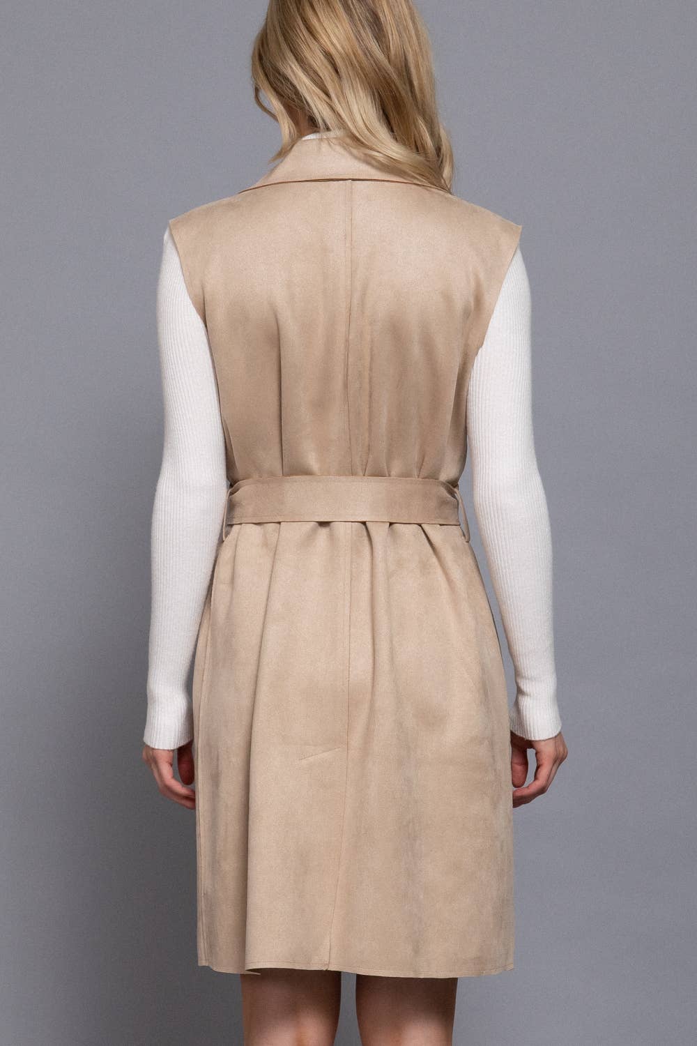 Charlotte Notched Collar Belted Faux Suede Vest