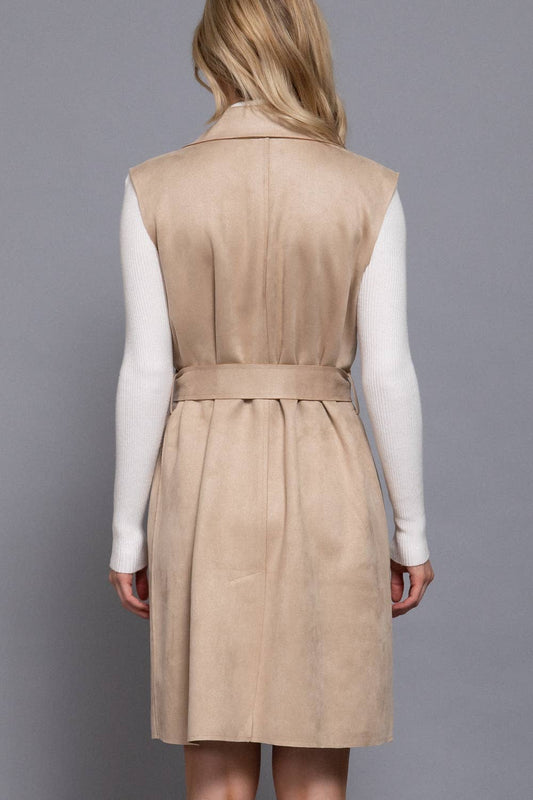 Charlotte Notched Collar Belted Faux Suede Vest