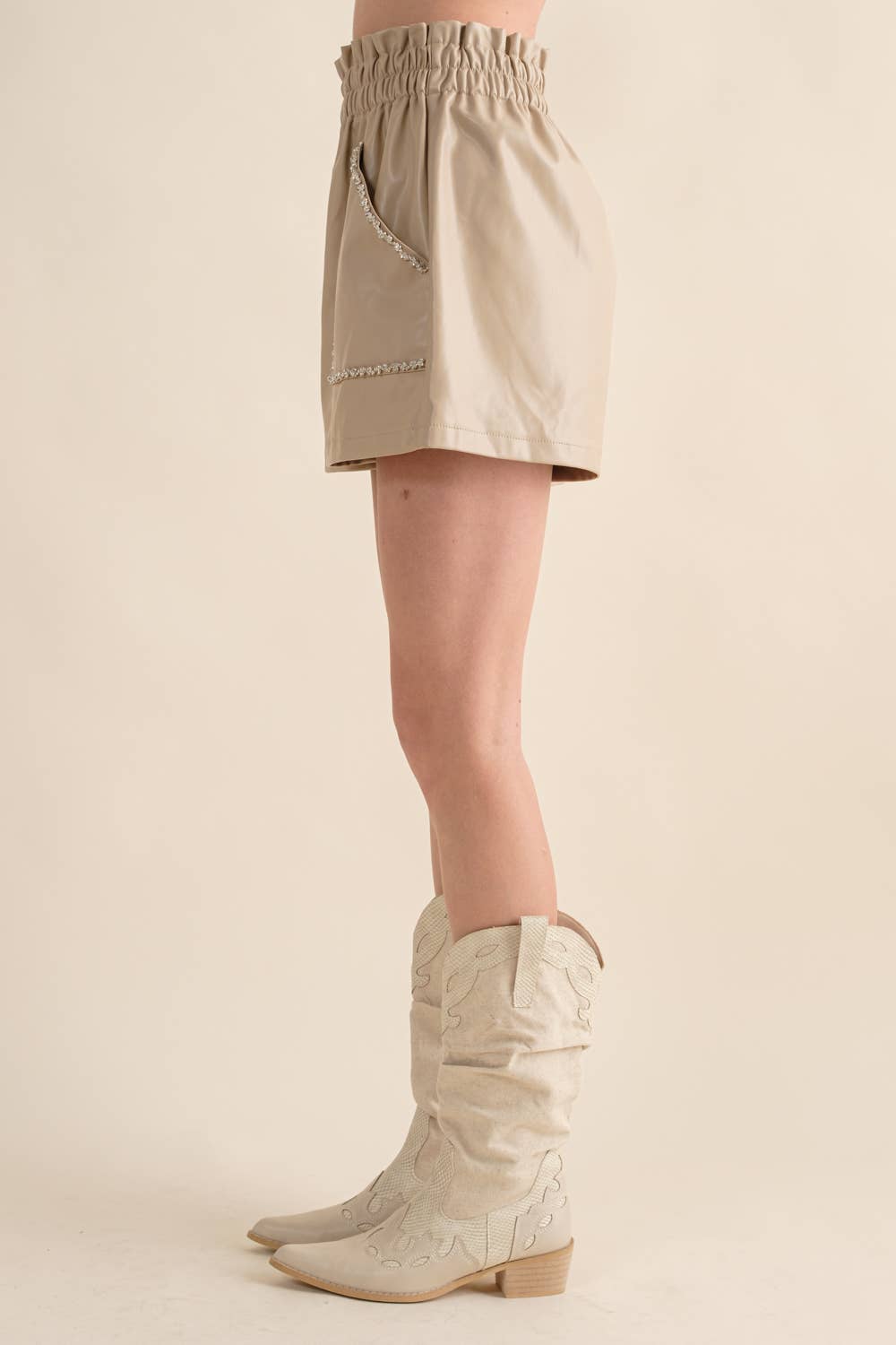 Carrie Faux Leather Studded Pocket High Waist Shorts