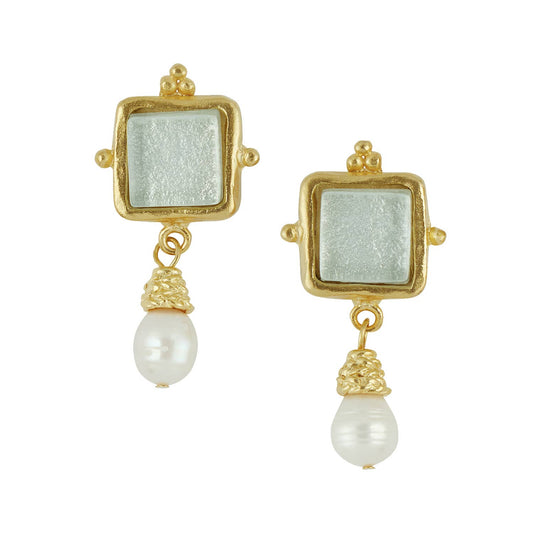 Gold/White Glass + Pearl Earrings