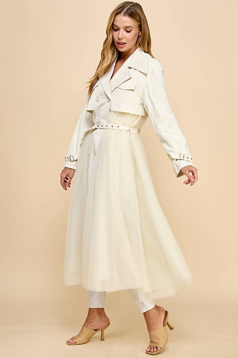 CJ6594-Double Breasted Mesh Bodice Classic Trench Coat: CREAM / M