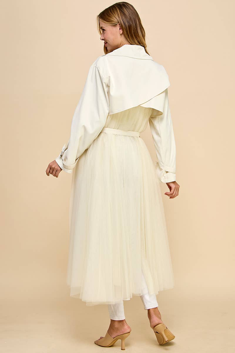 CJ6594-Double Breasted Mesh Bodice Classic Trench Coat: CREAM / M