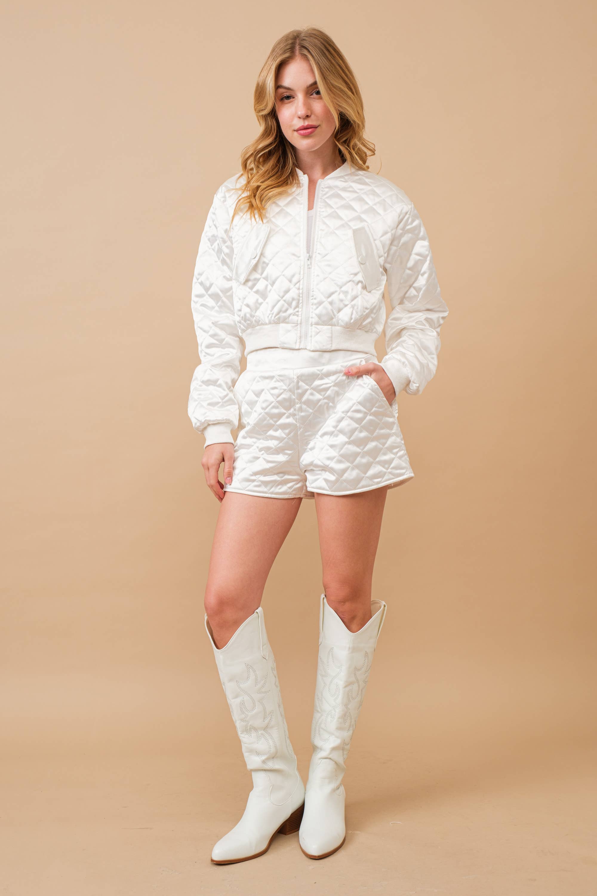Pure Quilted Crop Pocket Bomber Jacket w/ Matching Set