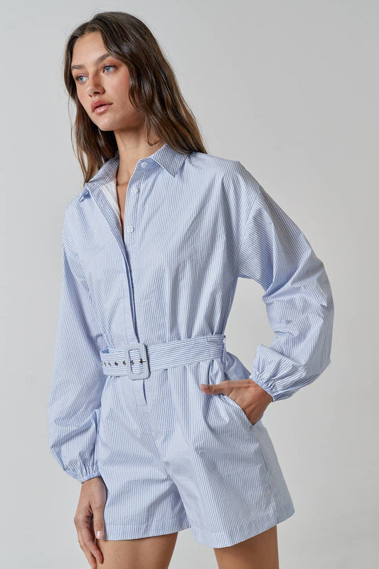 KELLY BELTED STRIPE BUTTON UP SHIRT ROMPER