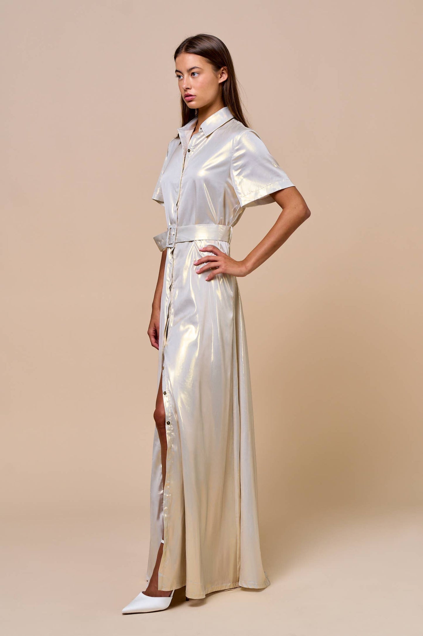 Collared Button-Down Maxi Dress with Belt