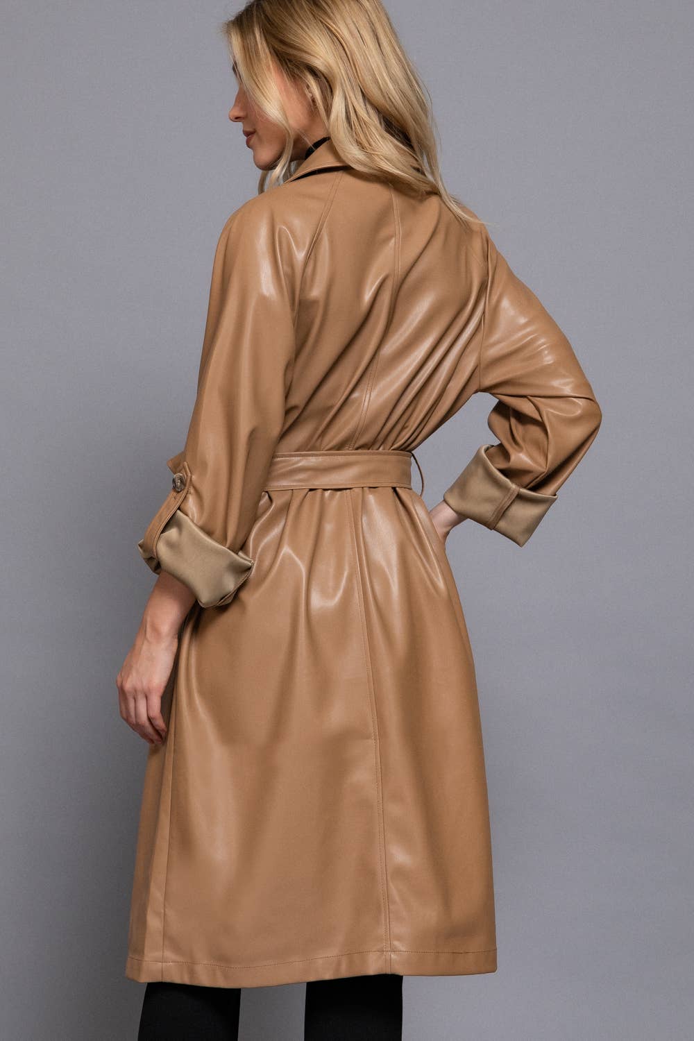 Double Breasted Button Faux Leather Trench Coat