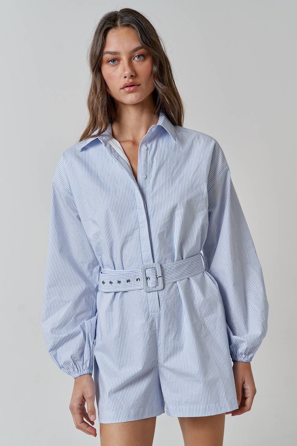 KELLY BELTED STRIPE BUTTON UP SHIRT ROMPER