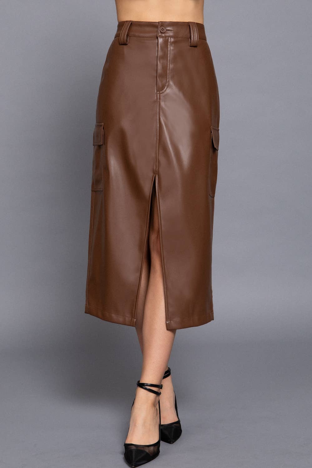 Michelle Faux Leather Midi Cargo Skirt