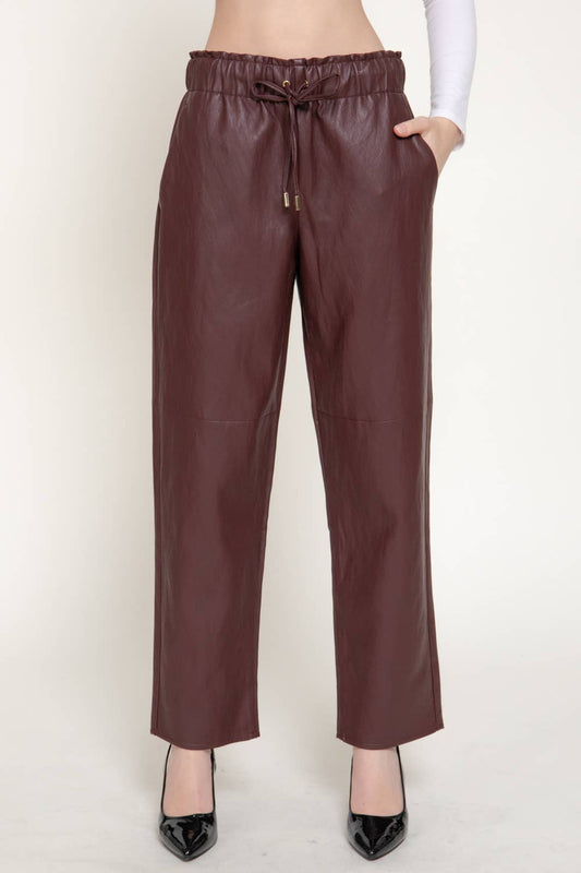 Elastic Waist with String Texture Faux Leather Pants