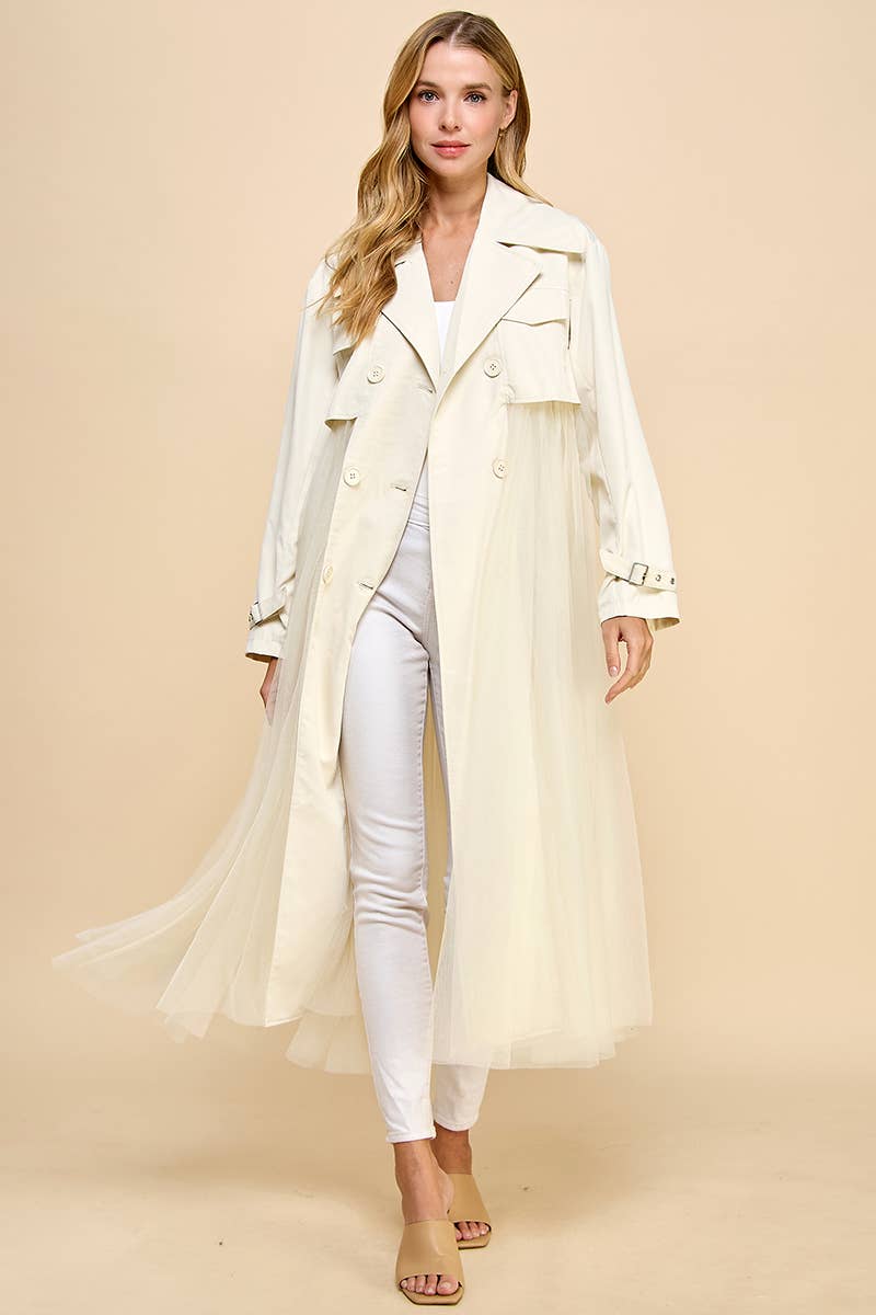 CJ6594-Double Breasted Mesh Bodice Classic Trench Coat: CREAM / M