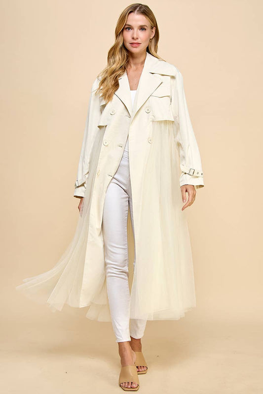 CJ6594-Double Breasted Mesh Bodice Classic Trench Coat: CREAM / M
