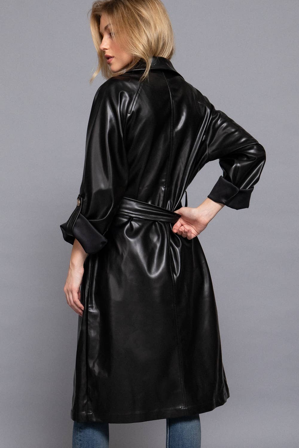 Double Breasted Button Faux Leather Trench Coat