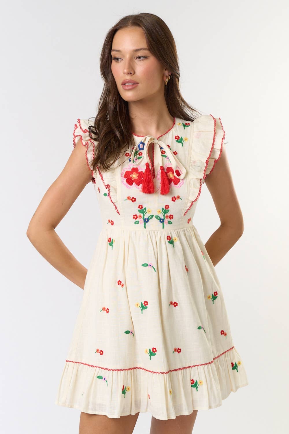 Layered Flutter Sleeve Embroidered Mini Dress