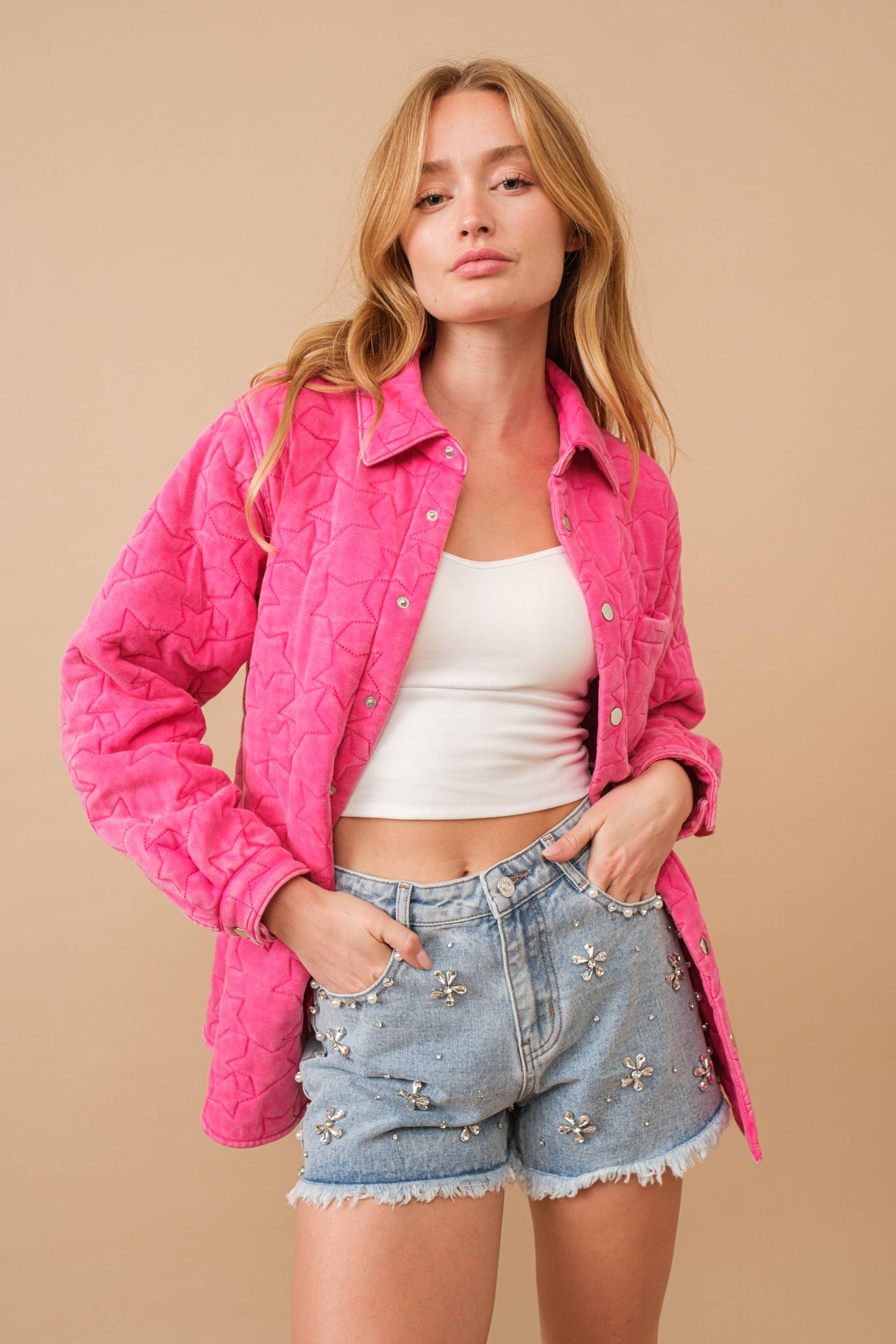 JAQUI High Rise Rhinestone Suds Embellishment at Denim