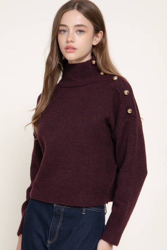Long Sleeve High Neck metal Embellishment Button Detail Swea