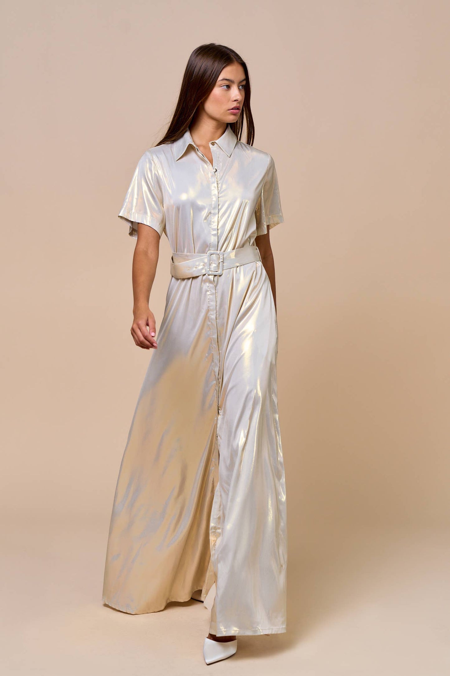 Collared Button-Down Maxi Dress with Belt