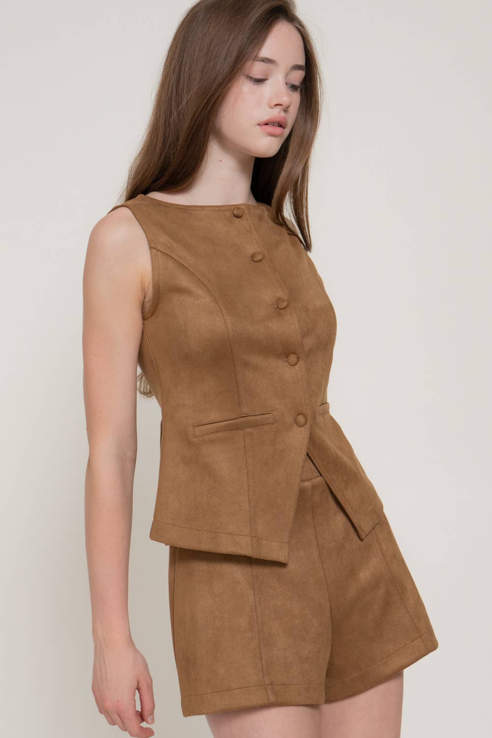 Faux Suede Boat Neck Button Down Vest & Short Pants Set