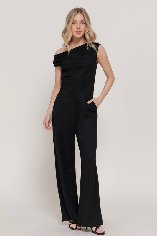 Asymmetrical Neckline Short Sleeve Straight Leg Jumpsuit