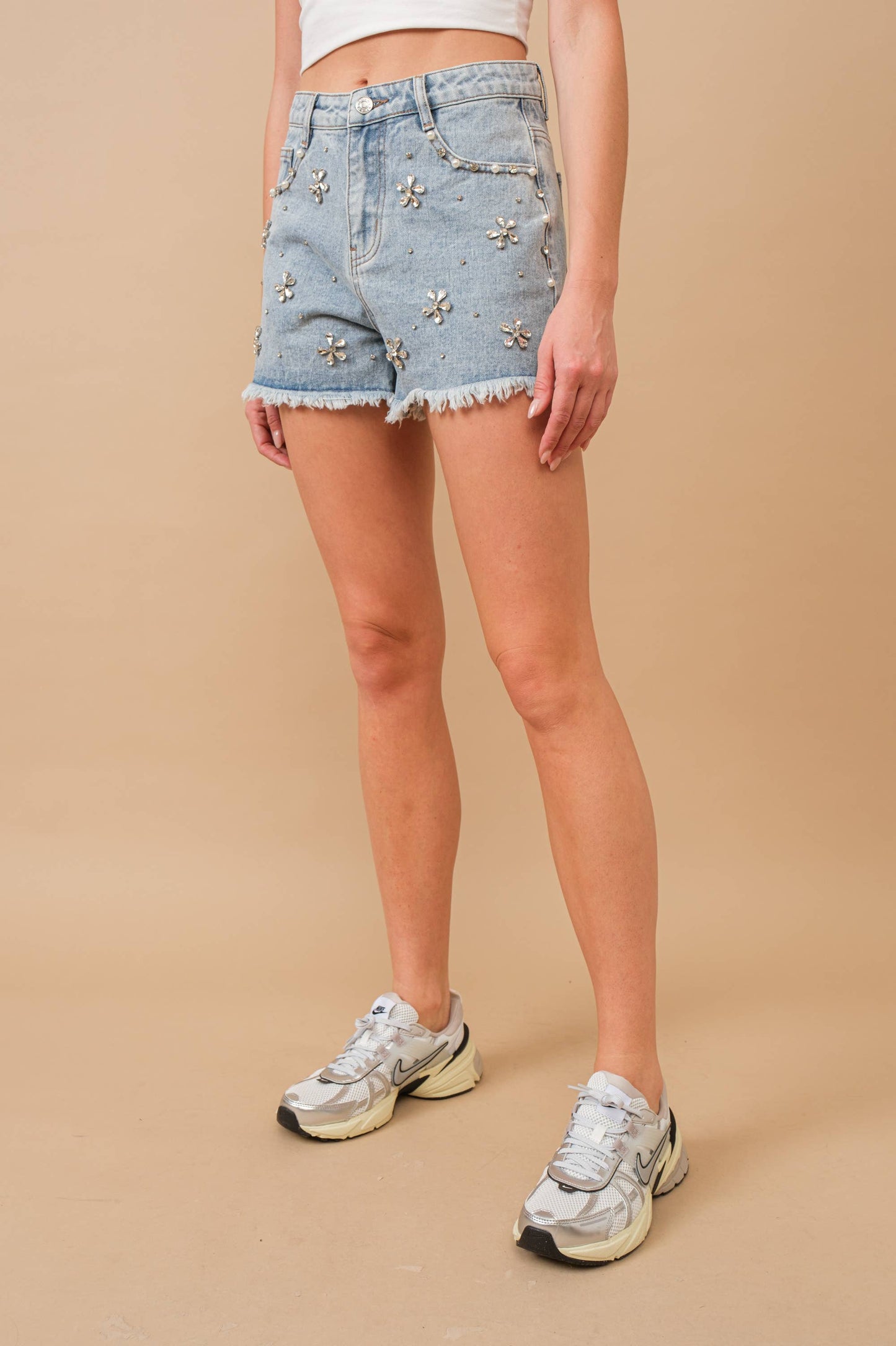 JAQUI High Rise Rhinestone Suds Embellishment at Denim