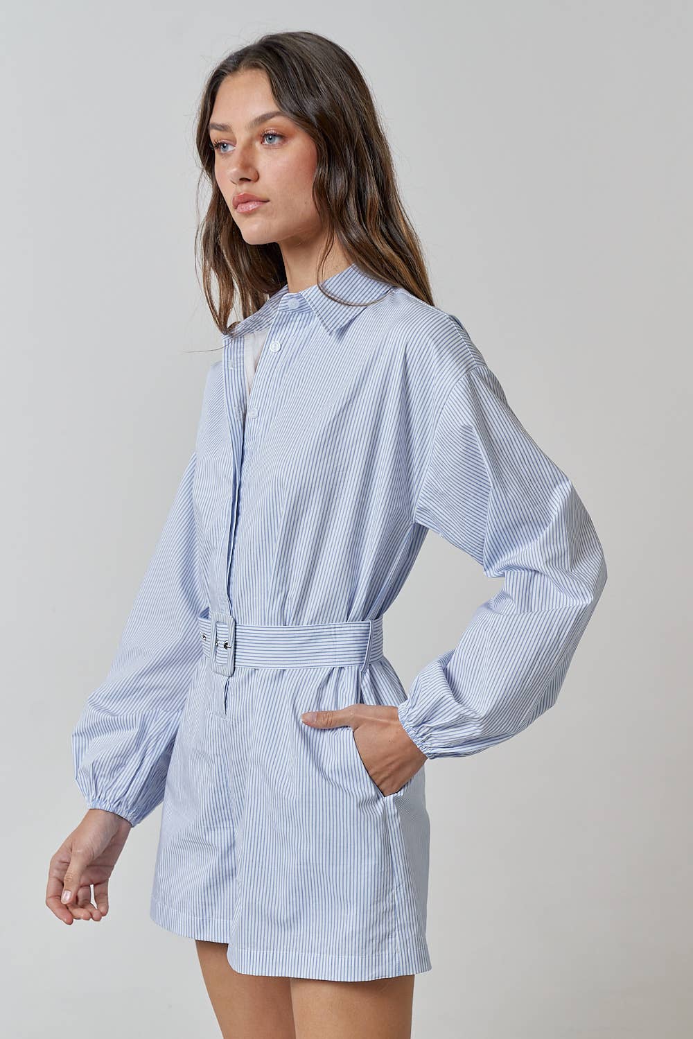 KELLY BELTED STRIPE BUTTON UP SHIRT ROMPER