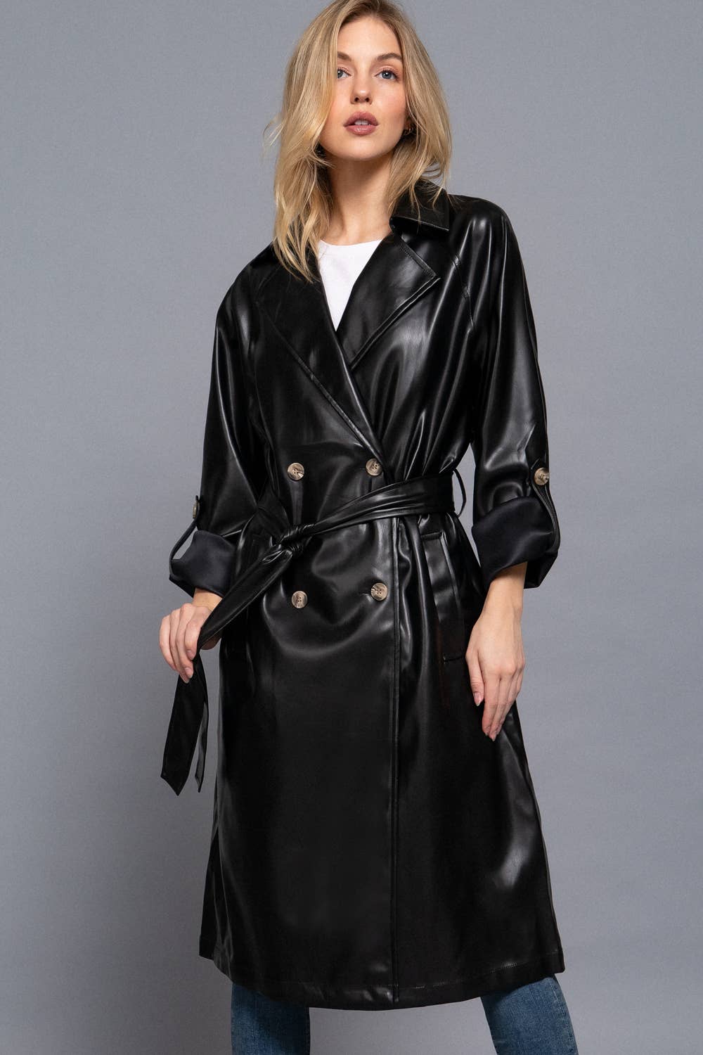 Double Breasted Button Faux Leather Trench Coat
