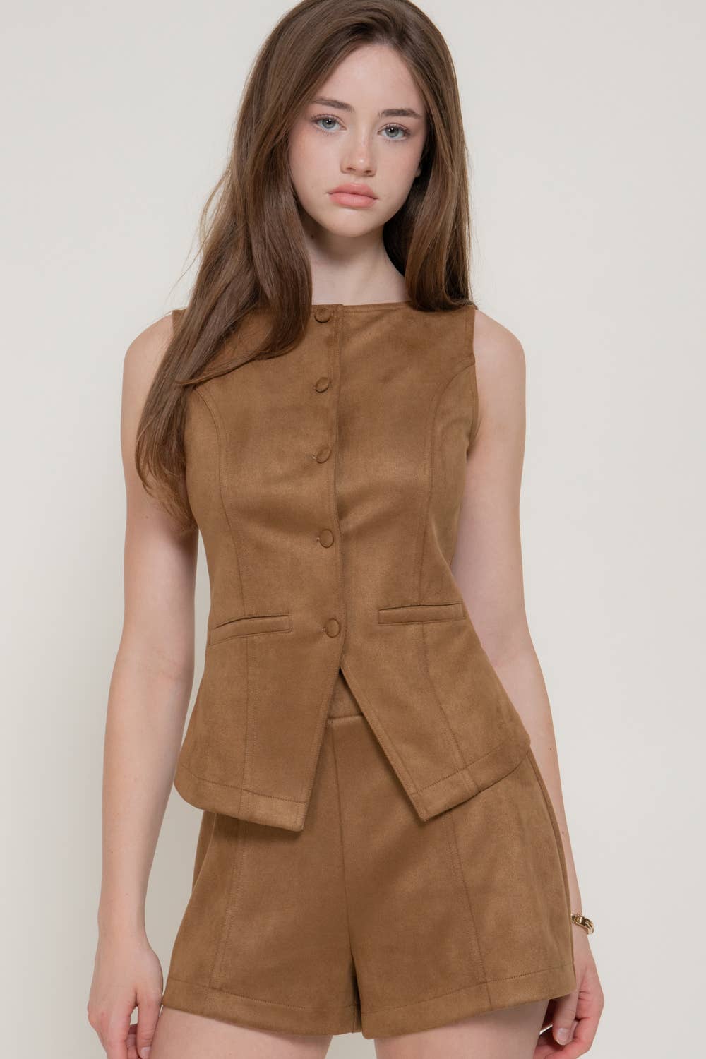 Faux Suede Boat Neck Button Down Vest & Short Pants Set
