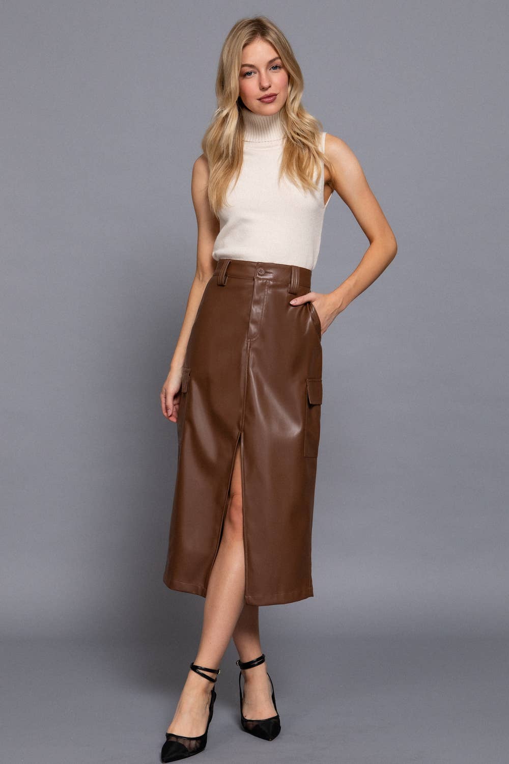 Michelle Faux Leather Midi Cargo Skirt
