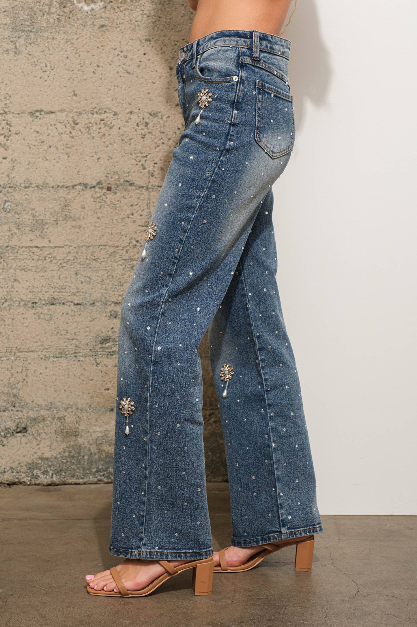 Esmeralda Rhinestone Flower Embellished Stretch Denim Jeans